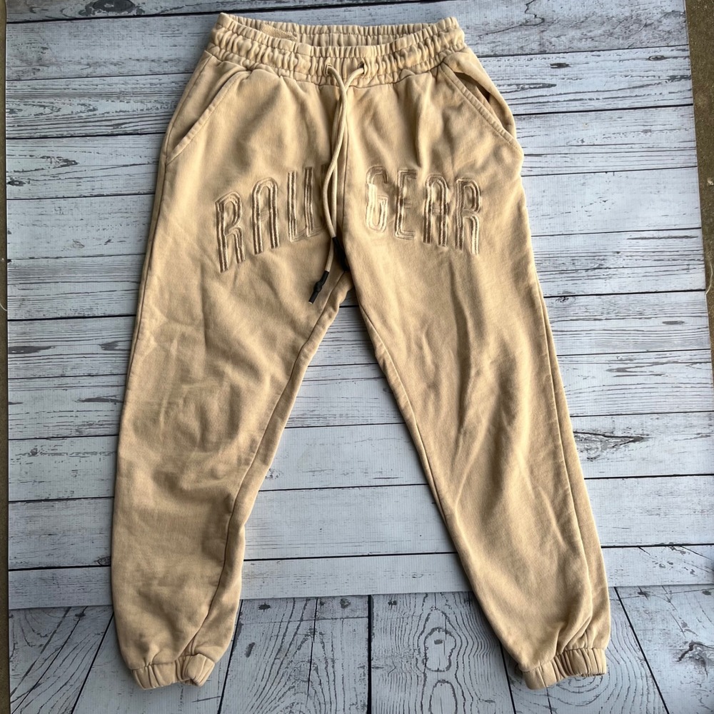 RawGear Mens Small Tan Heavyweight Joggers Sweatpants Tonal Logo Streetwear Gym